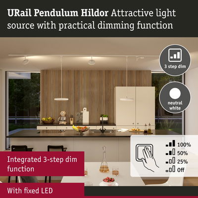 Modern white URail Pendulum Hildor LED pendant light with 3-step dimming function in kitchen