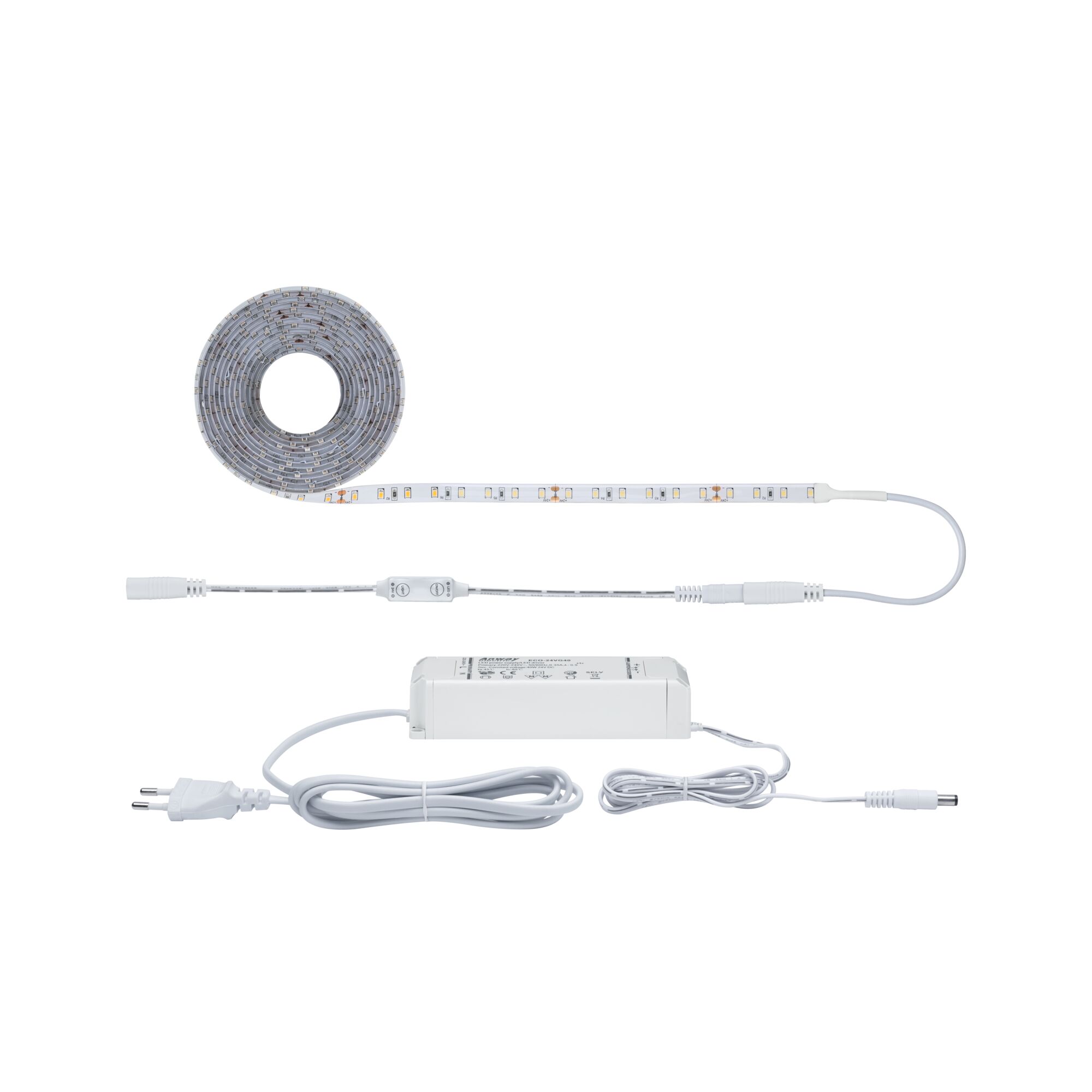 Weißes LED-Lichtband mit Netzteil und Dimmer für flexible Beleuchtungslösungen im Innenbereich