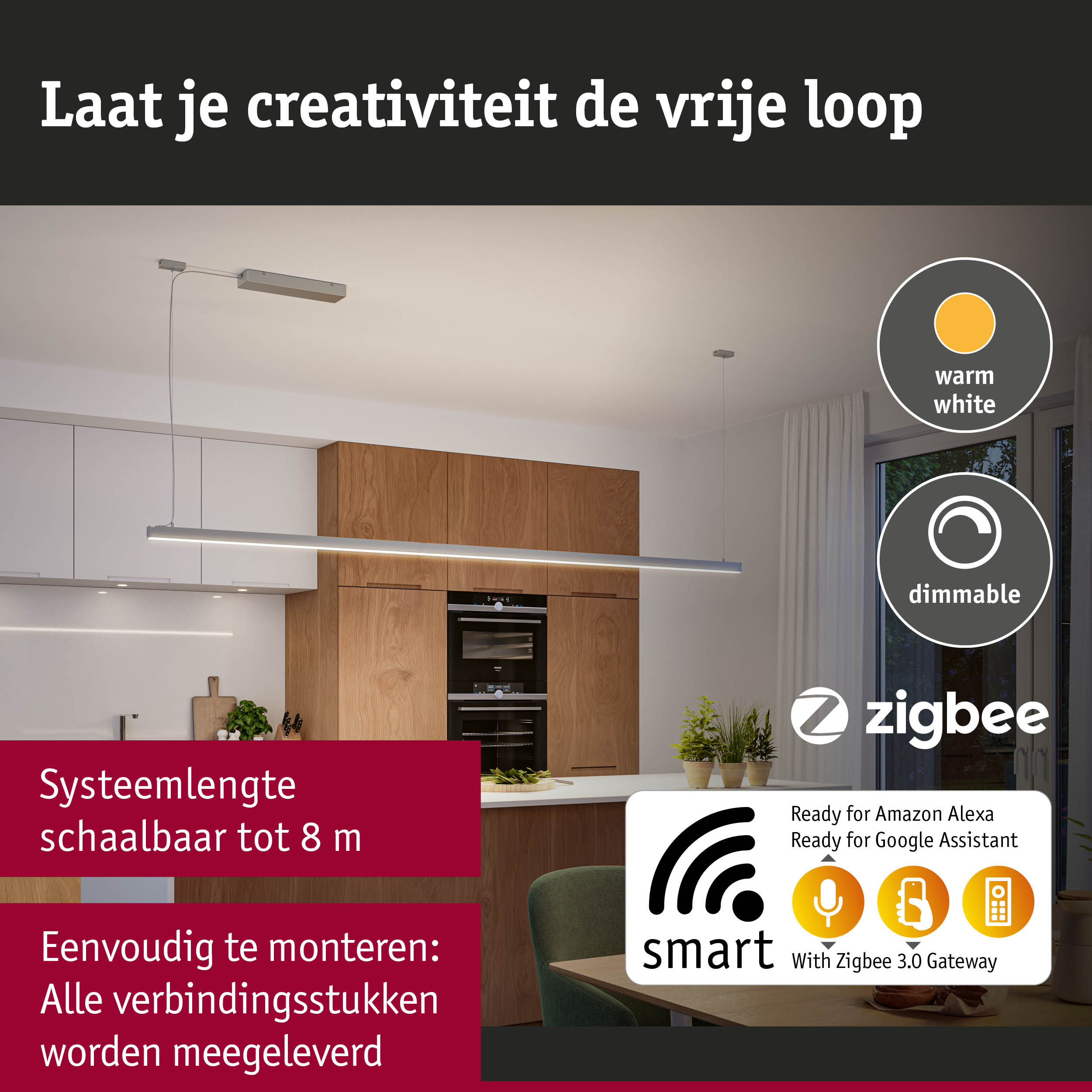 Moderne dimbare aluminium LED-hanglamp met warm wit licht voor slimme keukenverlichting