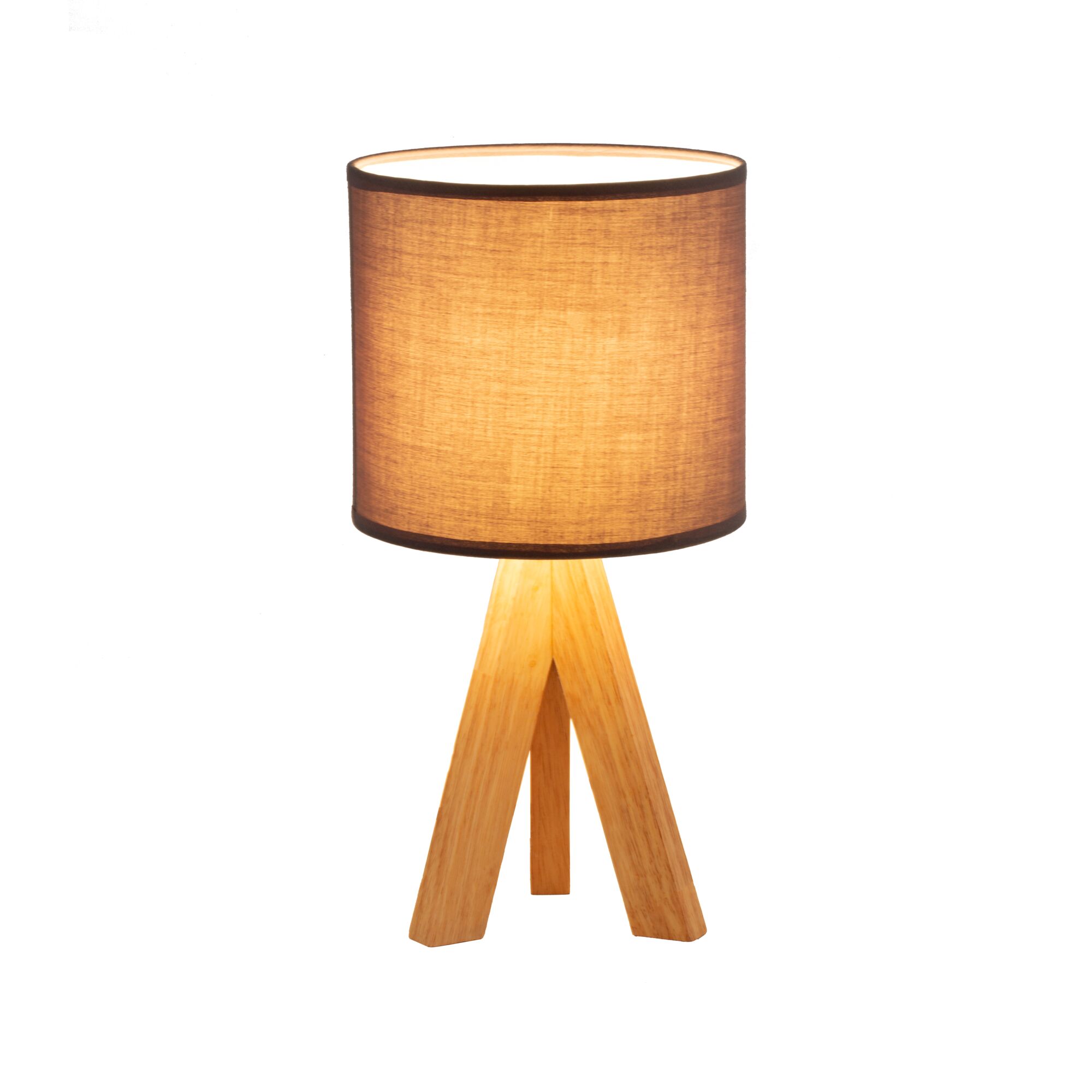 Tischlampe mit hellem Holzfuß und braunem Stoffschirm für gemütliche Wohnraumbeleuchtung