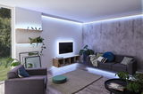 Modern living room with white LED strip lighting, gray sofa, wooden shelves, and indoor plants.