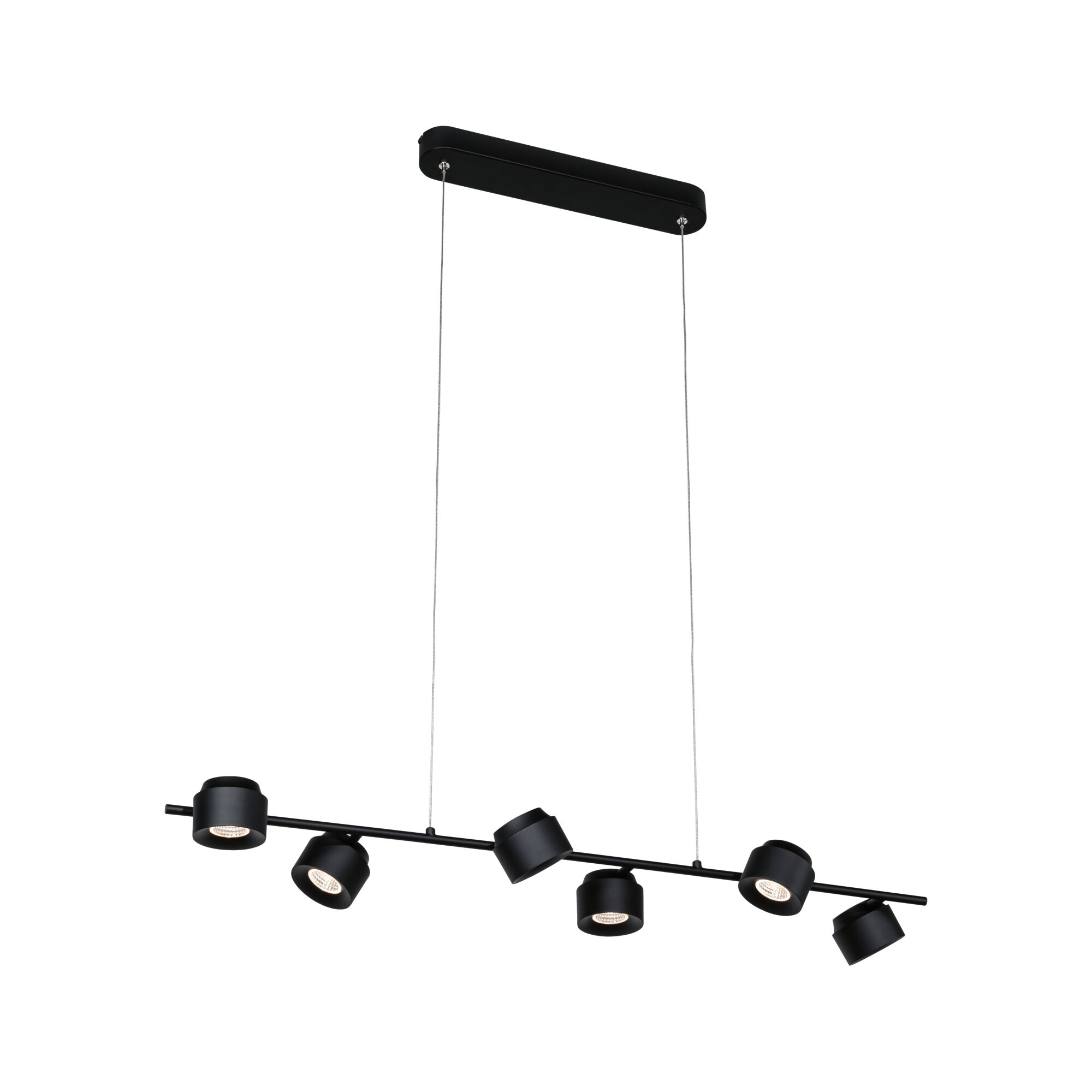Black metal LED pendant light with six adjustable spotlights for modern interior lighting