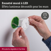 Installation d'un encastré mural LED blanc avec boîtier vert et minuterie réglable pour éclairage décoratif
