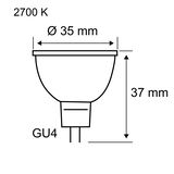 Teknisk tegning af GU4 LED-pære med 35 mm diameter og 37 mm højde, 2700 K varm lysfarve.