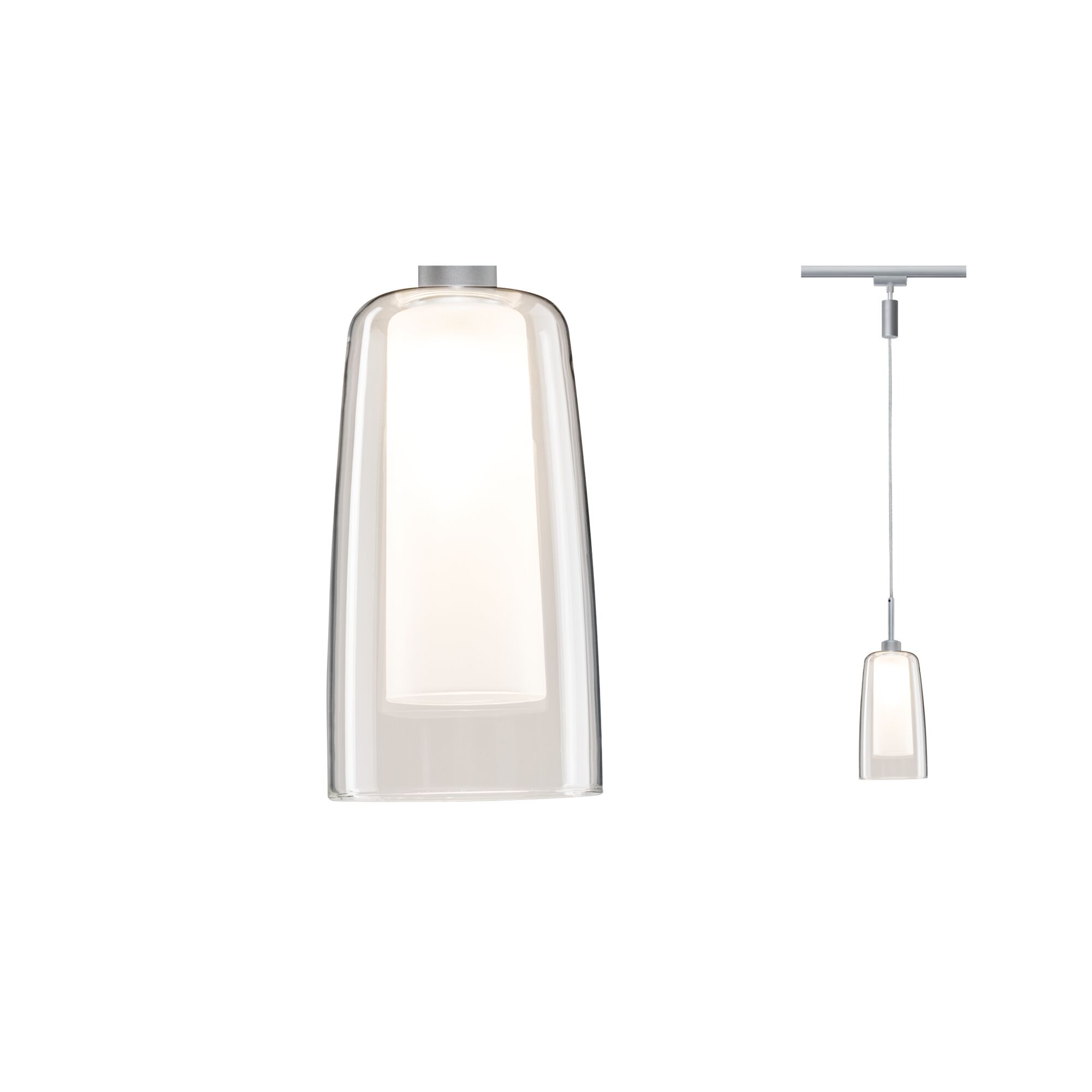 Moderne hanglamp met helder glas en witte binnenkap, zilveren ophanging, LED-verlichting