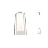 Modern pendant light with clear glass and white inner shade, silver suspension, LED lighting fixture