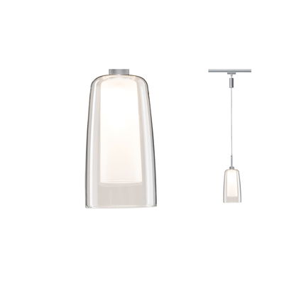 Modern pendant light with clear glass and white inner shade, silver suspension, LED lighting fixture