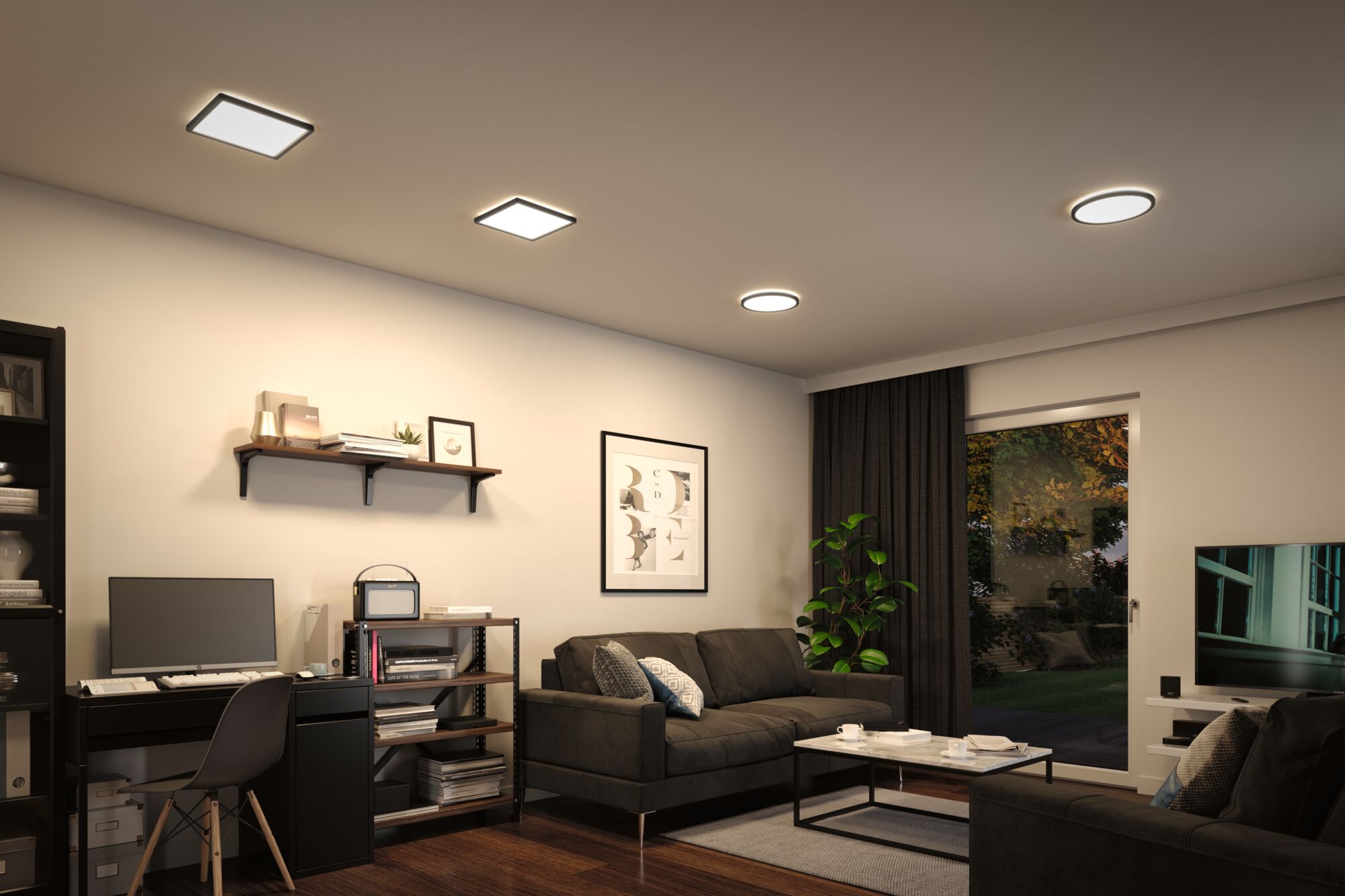 Modern living room with black furniture and square and round ceiling lights emitting warm white light