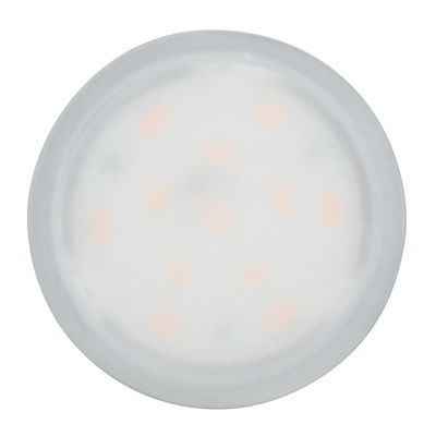 Round LED ceiling light with milky white plastic cover and warm white LEDs for living spaces