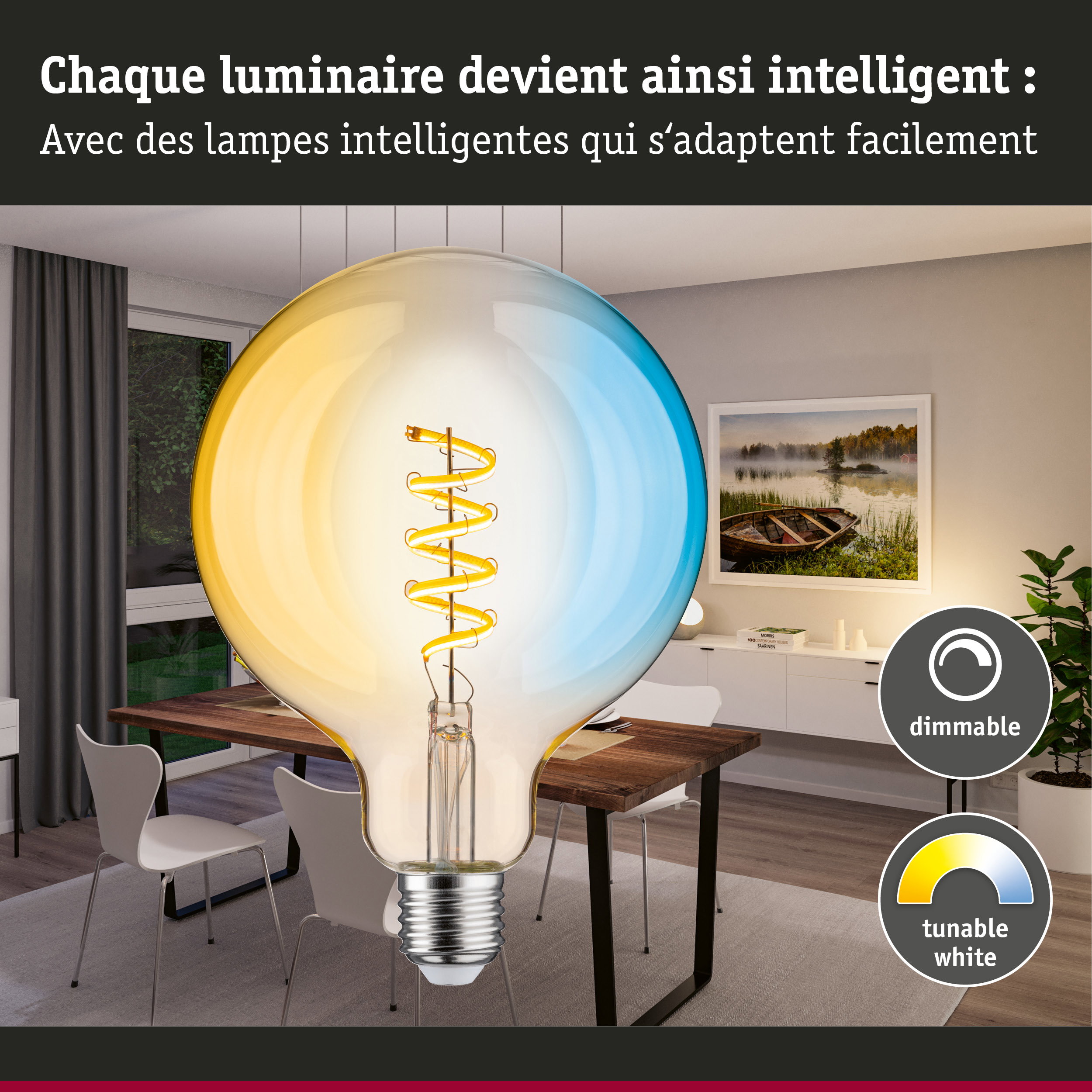 Ampoule dimmable avec lumière blanche réglable dans une salle à manger moderne avec meubles en bois et blanc