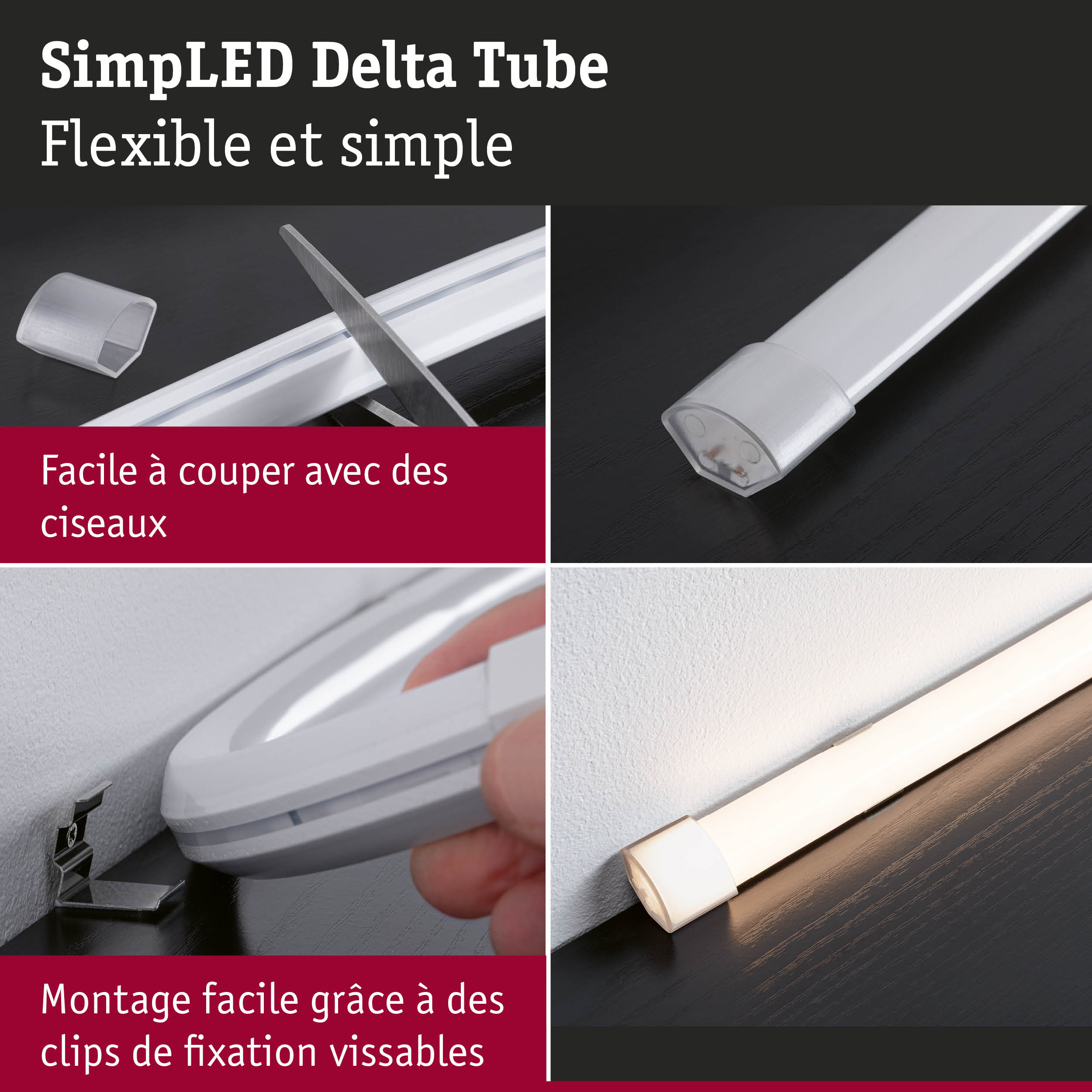 Tube LED flexible blanche en plastique, facile à couper aux ciseaux, clips de fixation vissables, éclairage LED