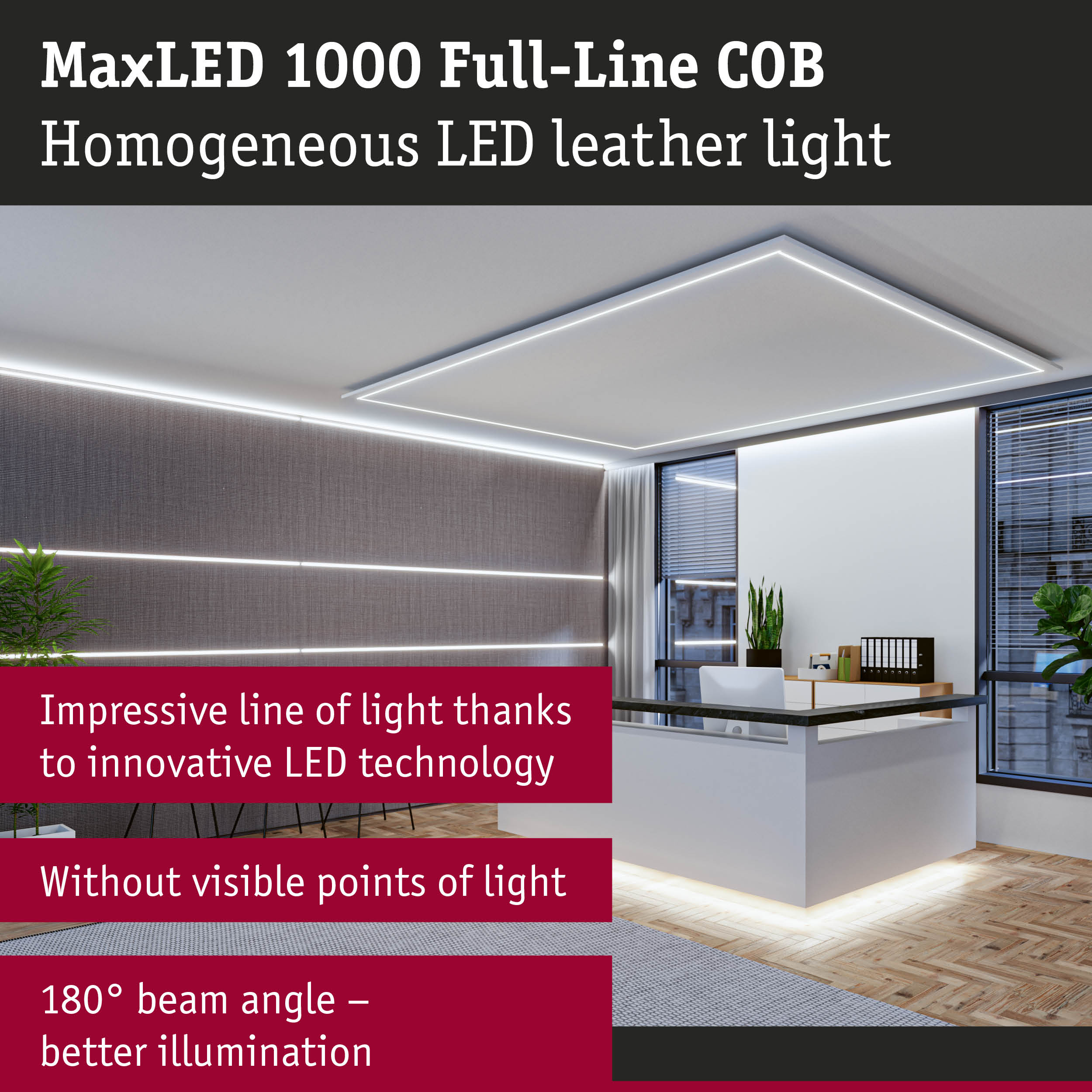 Modern office featuring MaxLED 1000 Full-Line COB white LED ceiling light for uniform illumination
