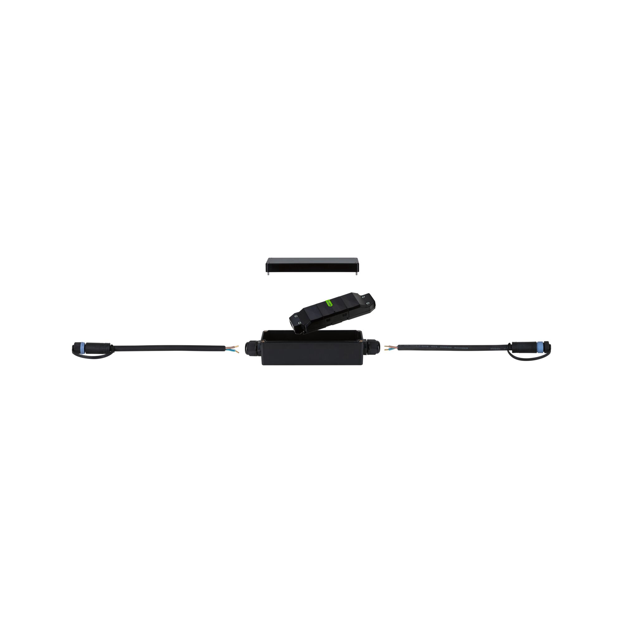 Black electrical junction box with cables and removable cover for LED lighting systems connection