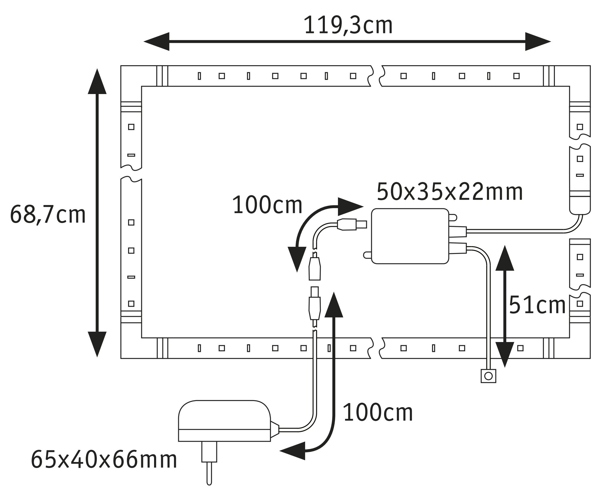 Technische Zeichnung eines LED-Lichtbands mit Maßen 119,3x68,7 cm und Netzteilgrößen 65x40x66 mm und 50x35x22 mm.