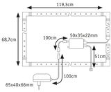 Technische Zeichnung eines LED-Lichtbands mit Maßen 119,3x68,7 cm und Netzteilgrößen 65x40x66 mm und 50x35x22 mm.