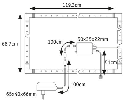 Technische Zeichnung eines LED-Lichtbands mit Maßen 119,3x68,7 cm und Netzteilgrößen 65x40x66 mm und 50x35x22 mm.