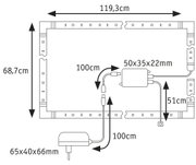 Technische Zeichnung mit Maßen eines LED-Lichtbands mit Netzteil und Anschlusskabeln