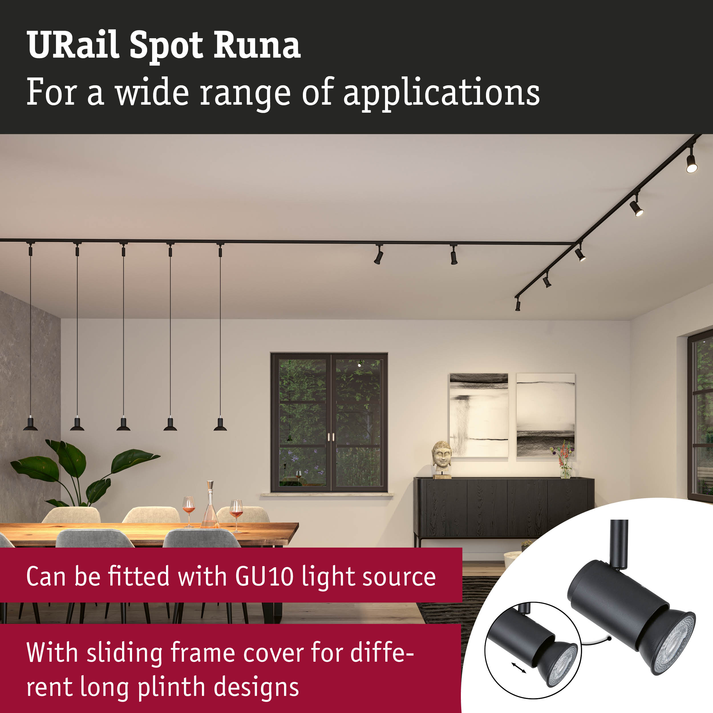 Black URail Spot Runa metal spotlight with GU10 fitting for versatile indoor lighting solutions