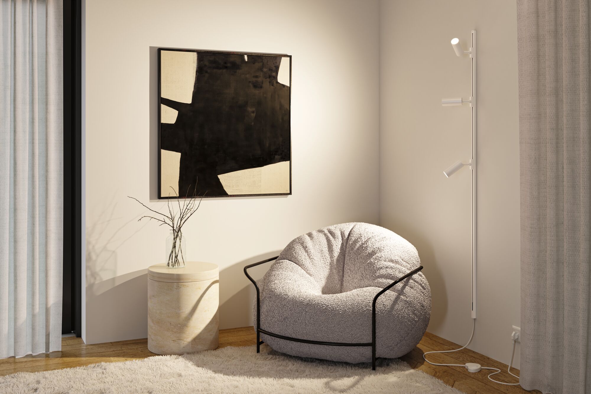 Witte comfortabele fauteuil met zwart metalen frame in moderne woonkamer met wandspots