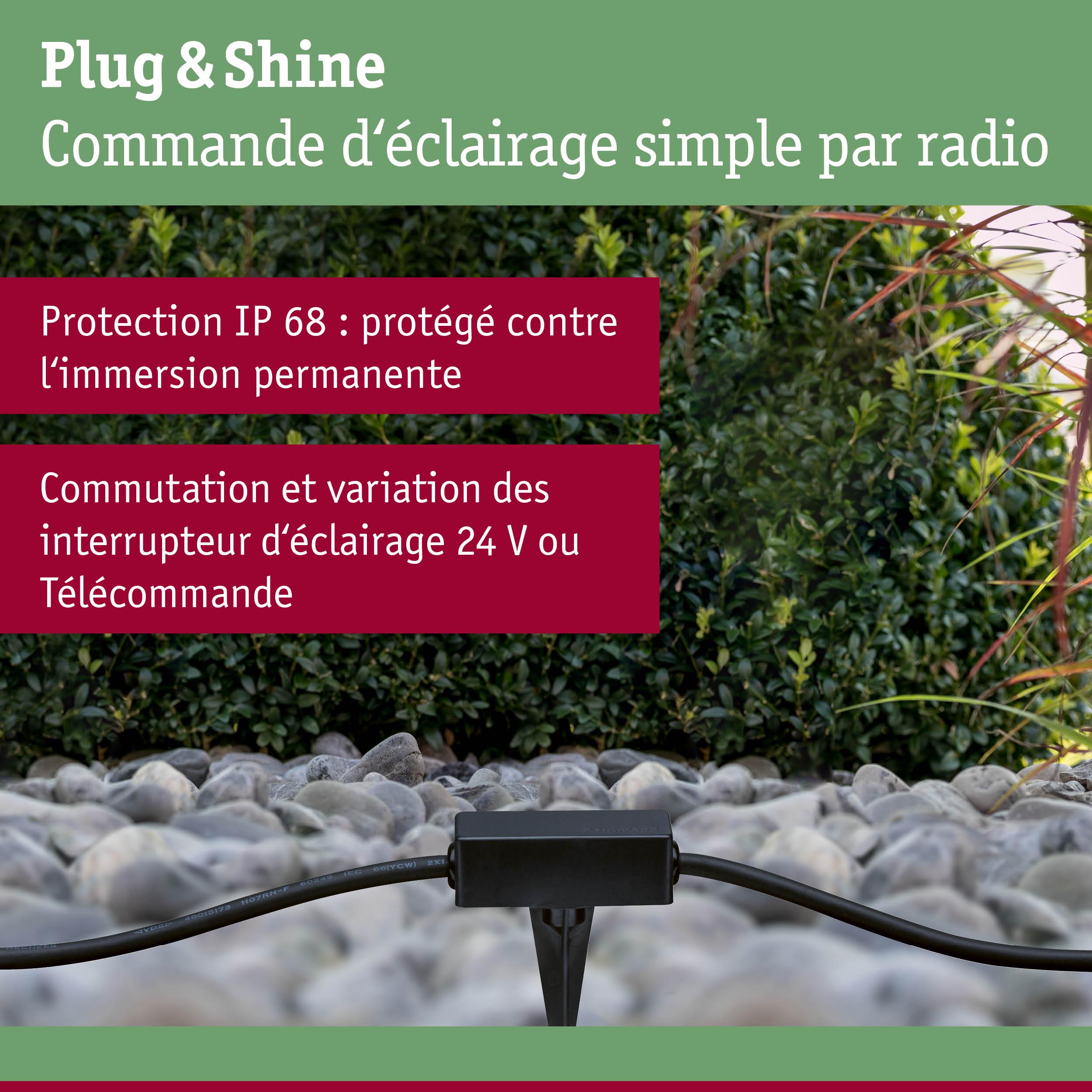 Boîtier de commande Plug & Shine noir IP68 sur gravier devant buissons verts pour éclairage extérieur