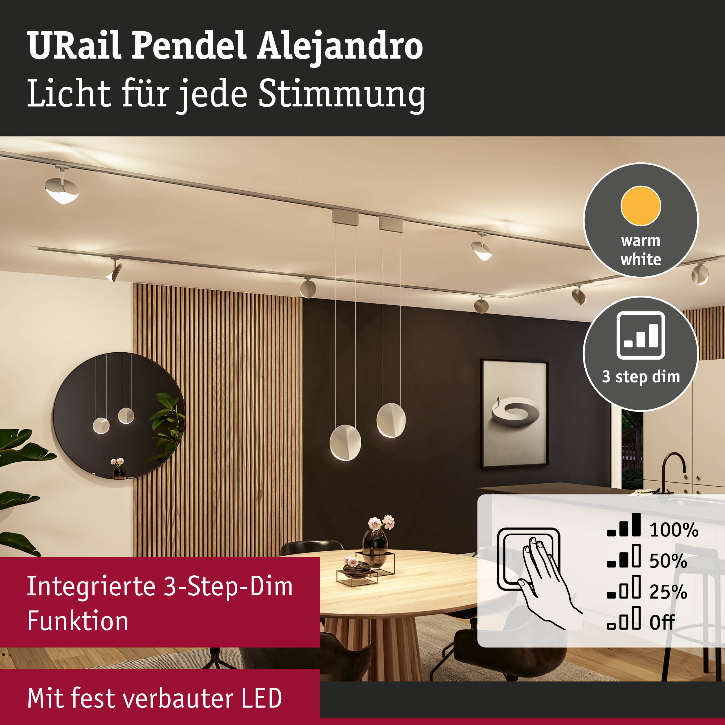 URail Pendel Alejandro LED-Deckenleuchte in warmweiß mit integrierter 3-Stufen-Dimmfunktion