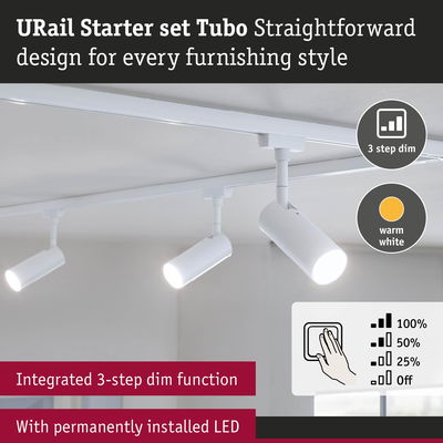 White URail Starter Set Tubo LED track lighting with integrated 3-step dim and warm white light