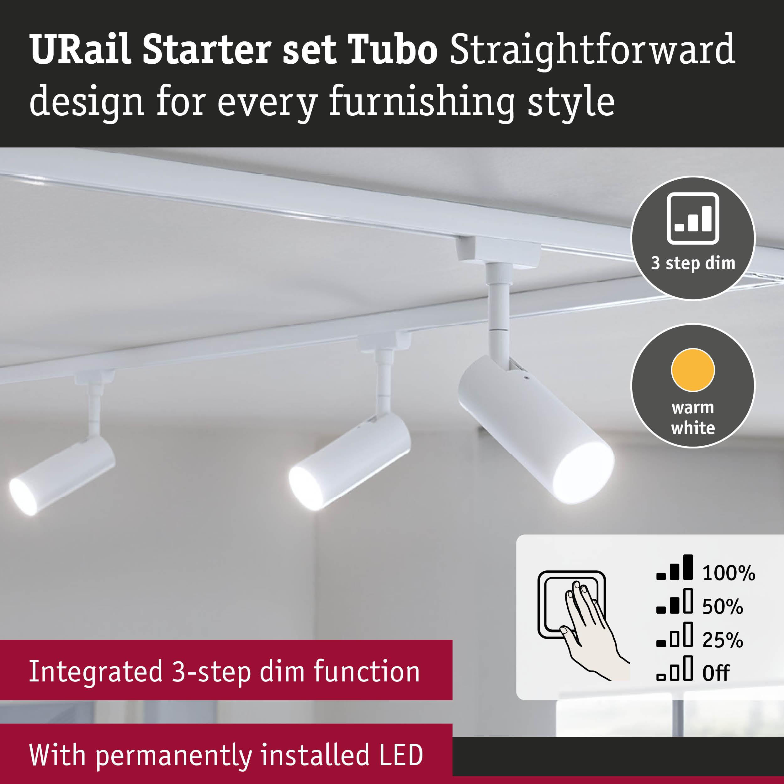 White URail Starter Set Tubo LED track lighting with integrated 3-step dim and warm white light