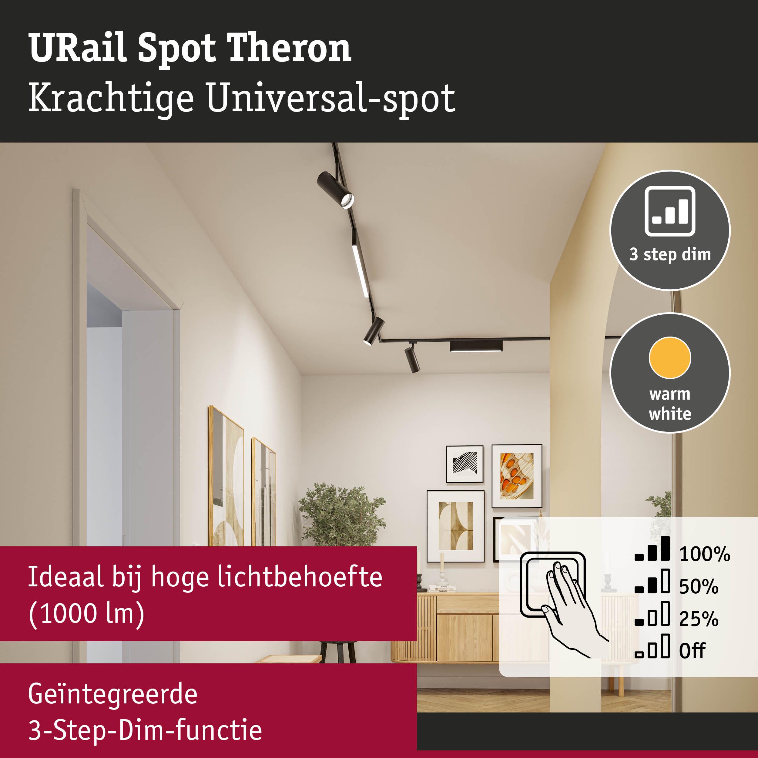 Zwarte URail Spot Theron met 3-staps dimfunctie en warm wit licht voor hoge lichtbehoefte