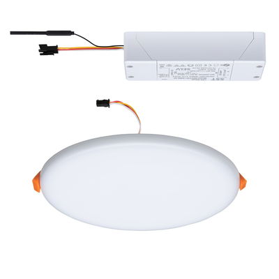 Round white LED panel with integrated driver and connection cable for modern room lighting