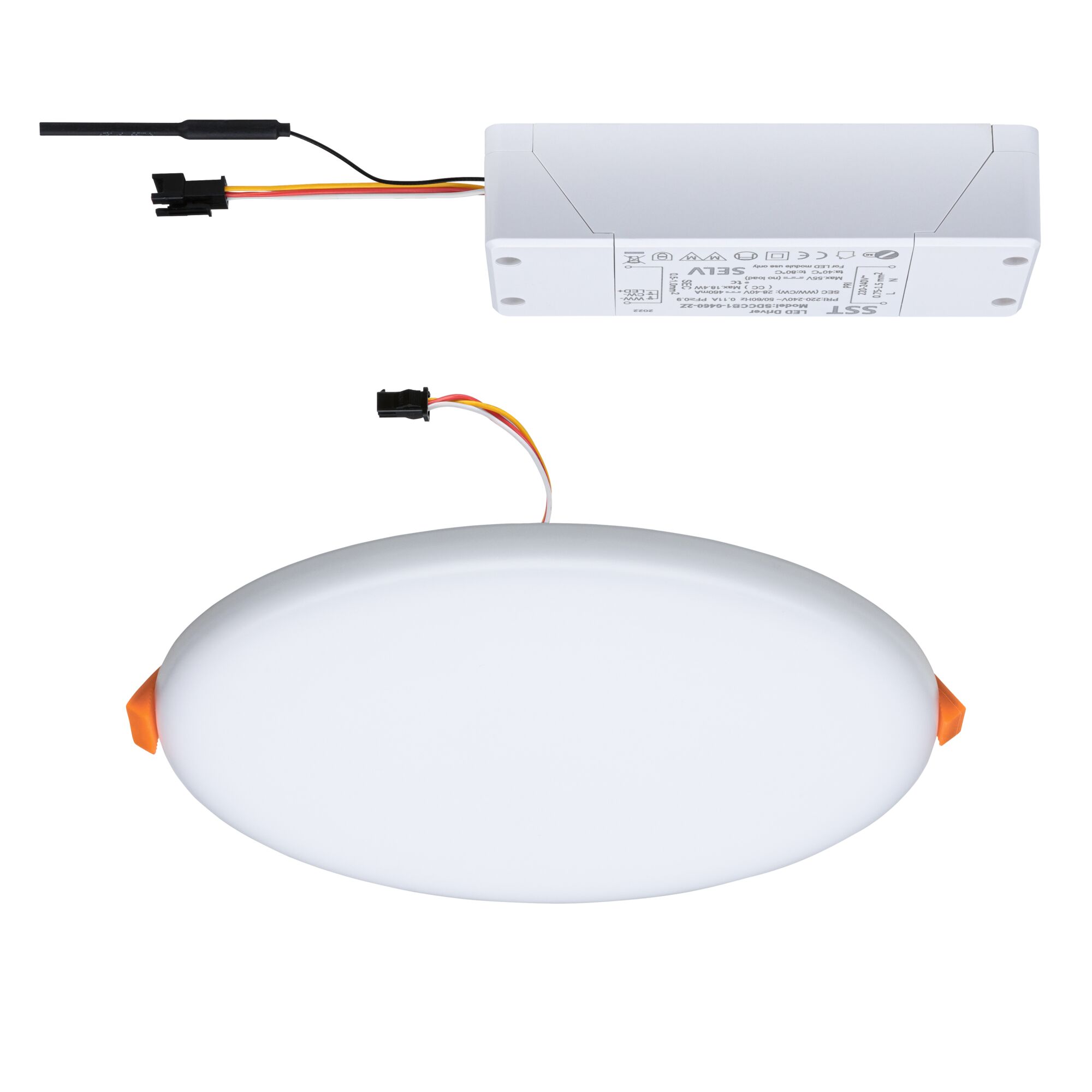 Round white LED panel with integrated driver and connection cable for modern room lighting