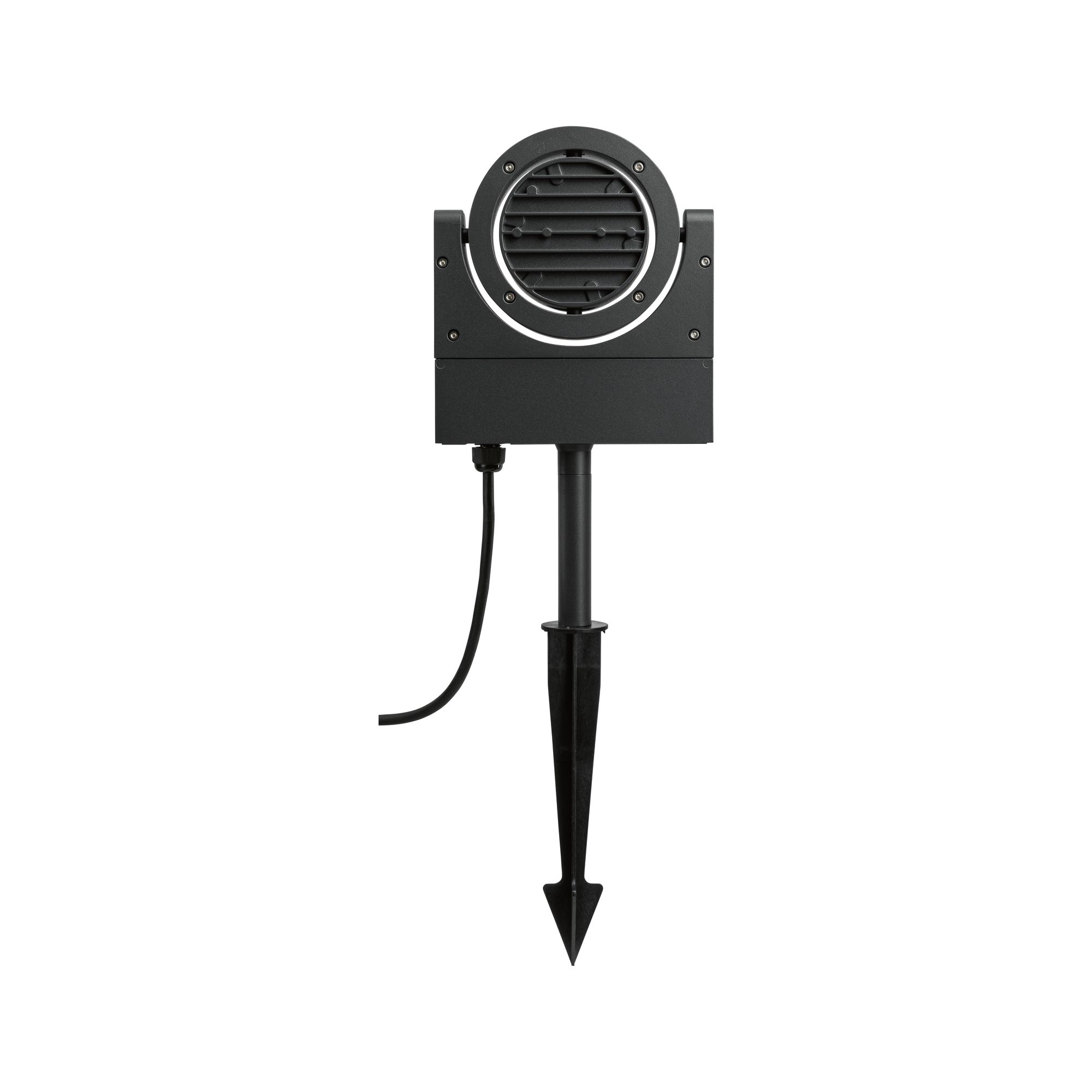 Boîtier de projecteur extérieur noir avec lames et piquet de terre, matériau robuste pour éclairage de jardin