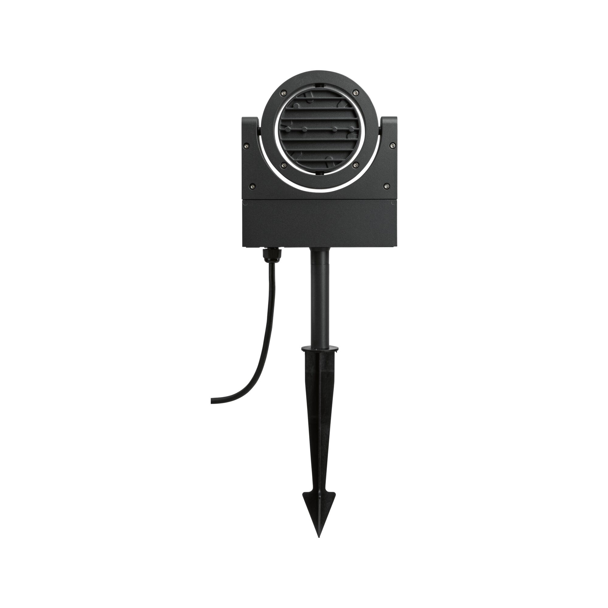 Black outdoor spotlight housing with slats and ground spike, durable material for garden lighting