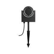 Black outdoor spotlight housing with slats and ground spike, durable material for garden lighting