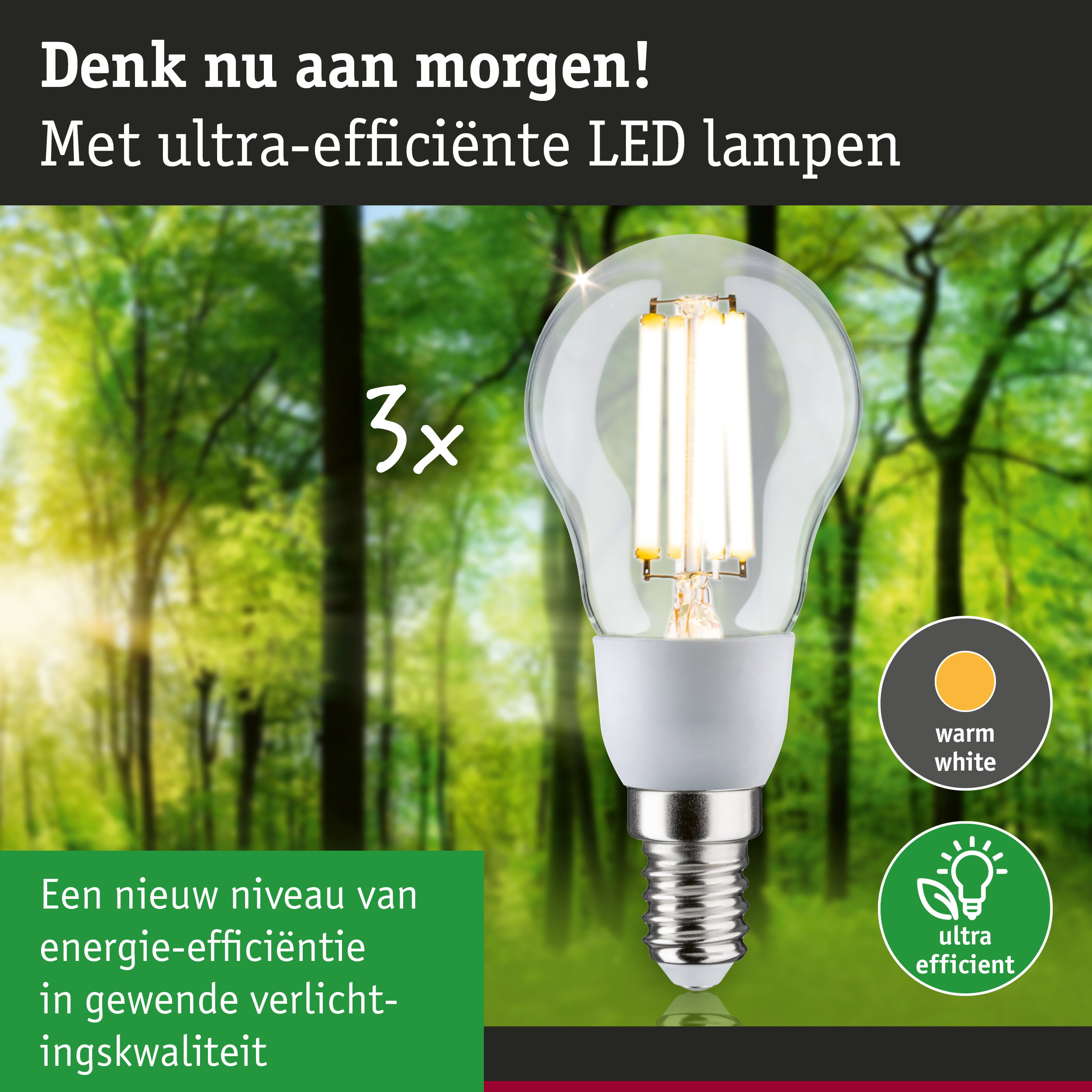 Energiezuinige LED-lamp met warm wit licht tegen een groene bosachtergrond