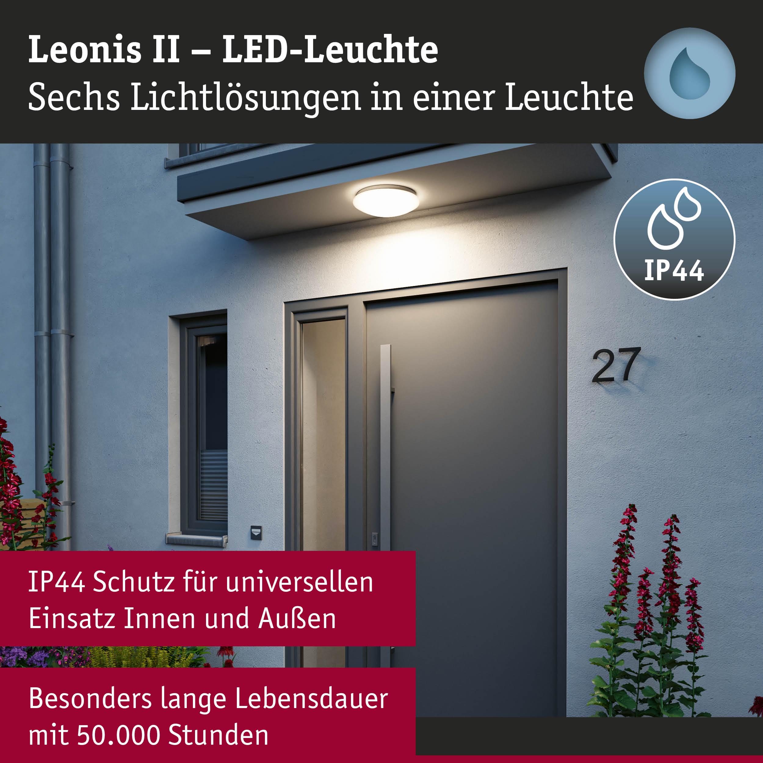 Leonis II LED-Leuchte in Weiß mit IP44 Schutz für Innen- und Außenbereich, langlebige Außenwandleuchte