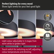 Black LED table lamp with touch switch, dimmable and adjustable light colour from warm white to golden light