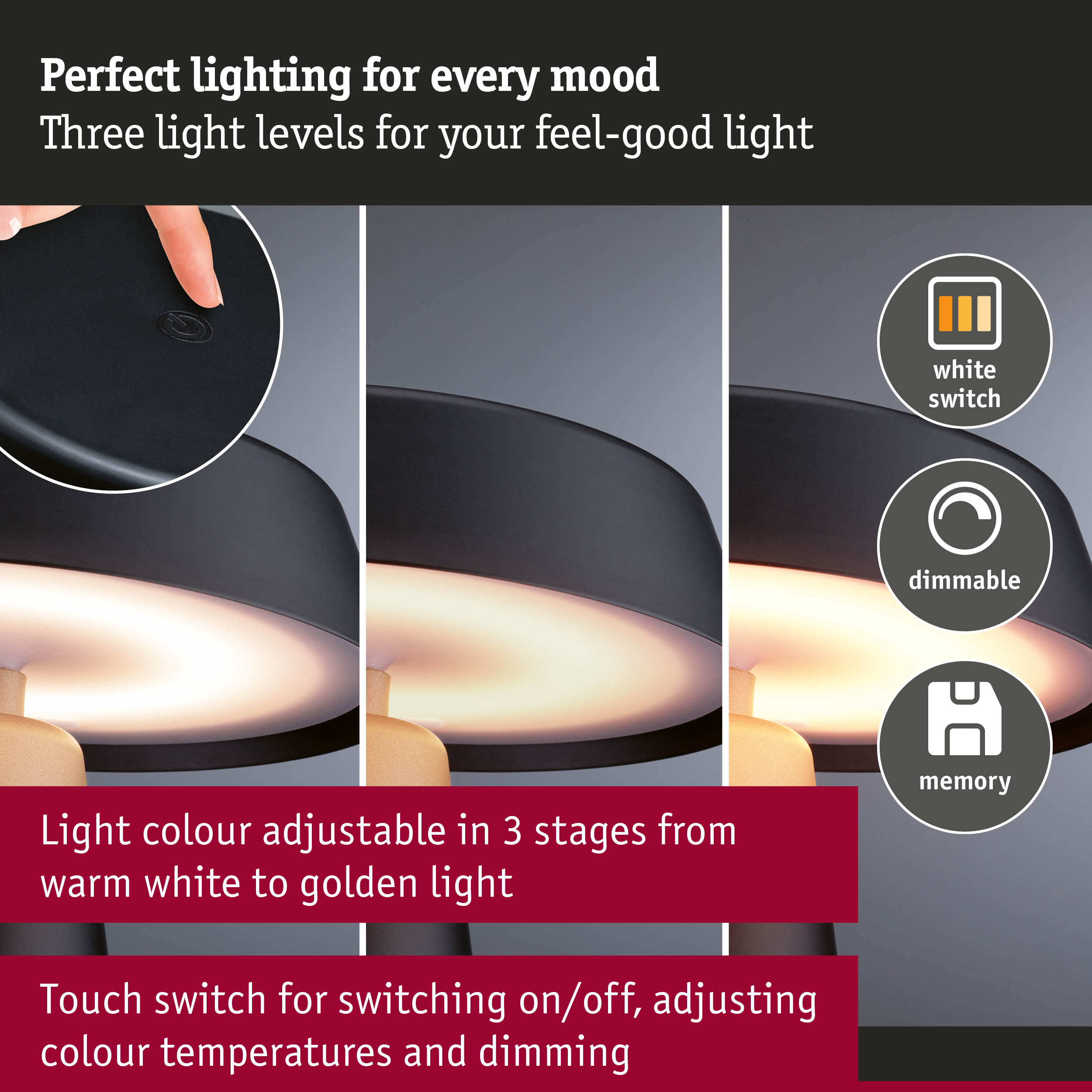 Black LED table lamp with touch switch, dimmable and adjustable light colour from warm white to golden light