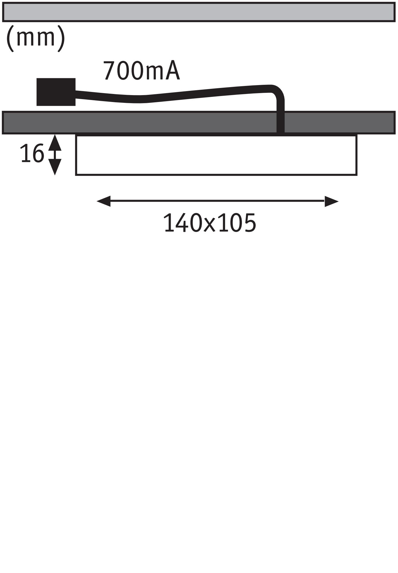 Technical drawing showing 140x105 mm dimensions, 16 mm height, and 700 mA current for LED light