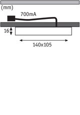 Technical drawing showing 140x105 mm dimensions, 16 mm height, and 700 mA current for LED light