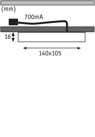 Technical drawing showing 140x105 mm dimensions, 16 mm height, and 700 mA current for LED light