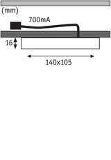 Schéma technique avec dimensions 140x105 mm, hauteur 16 mm et courant 700 mA pour lampe LED