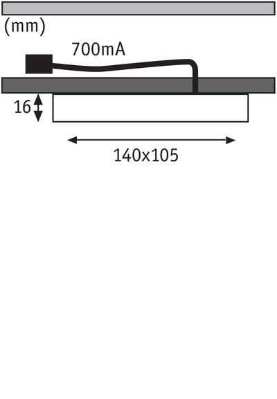 Technical drawing showing 140x105 mm dimensions, 16 mm height, and 700 mA current for LED light