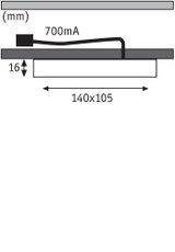 Technical drawing showing 140x105 mm dimensions, 16 mm height, and 700 mA current for LED light