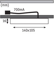 Technical drawing showing 140x105 mm dimensions, 16 mm height, and 700 mA current for LED light
