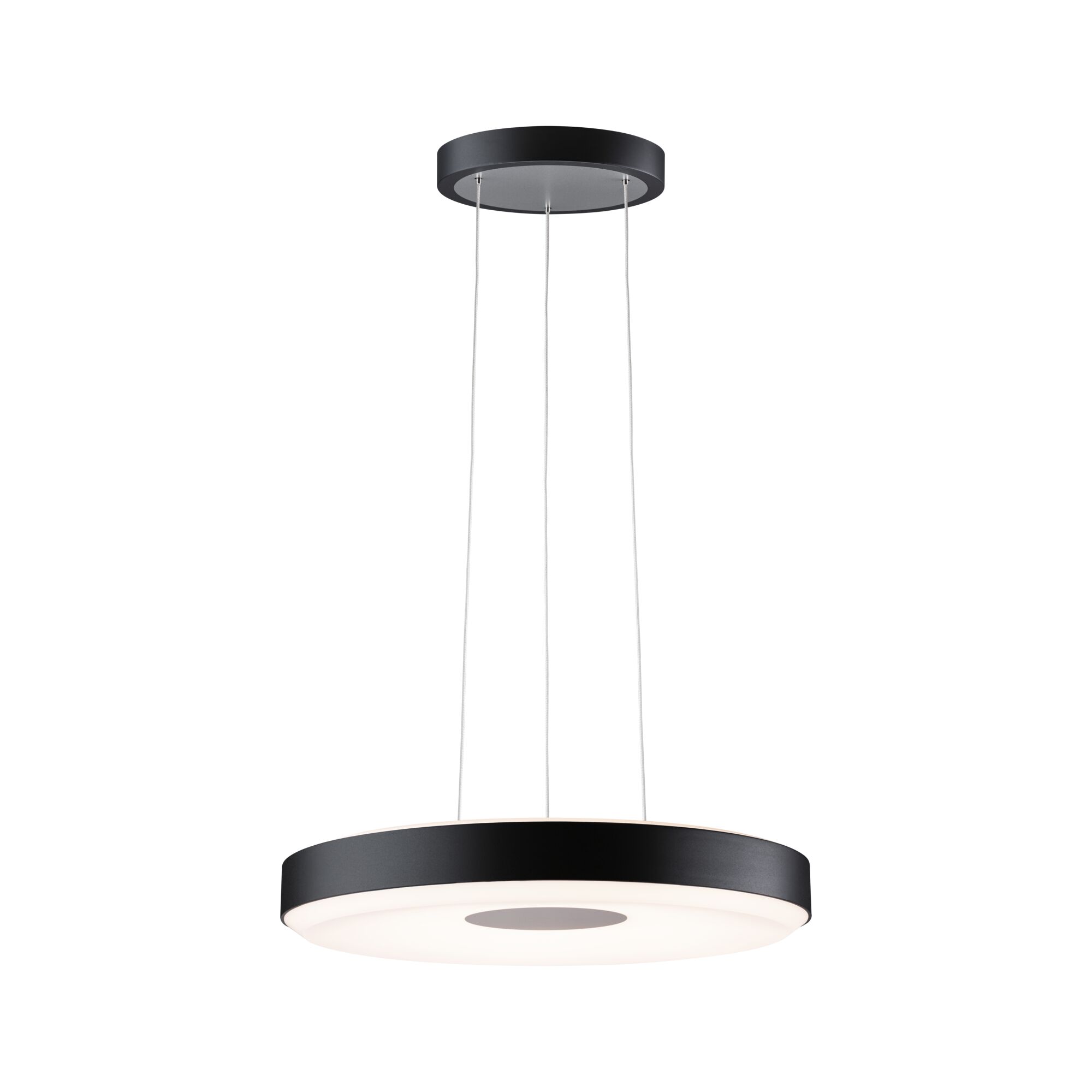 Round black LED pendant light with white plastic diffuser for modern interior lighting