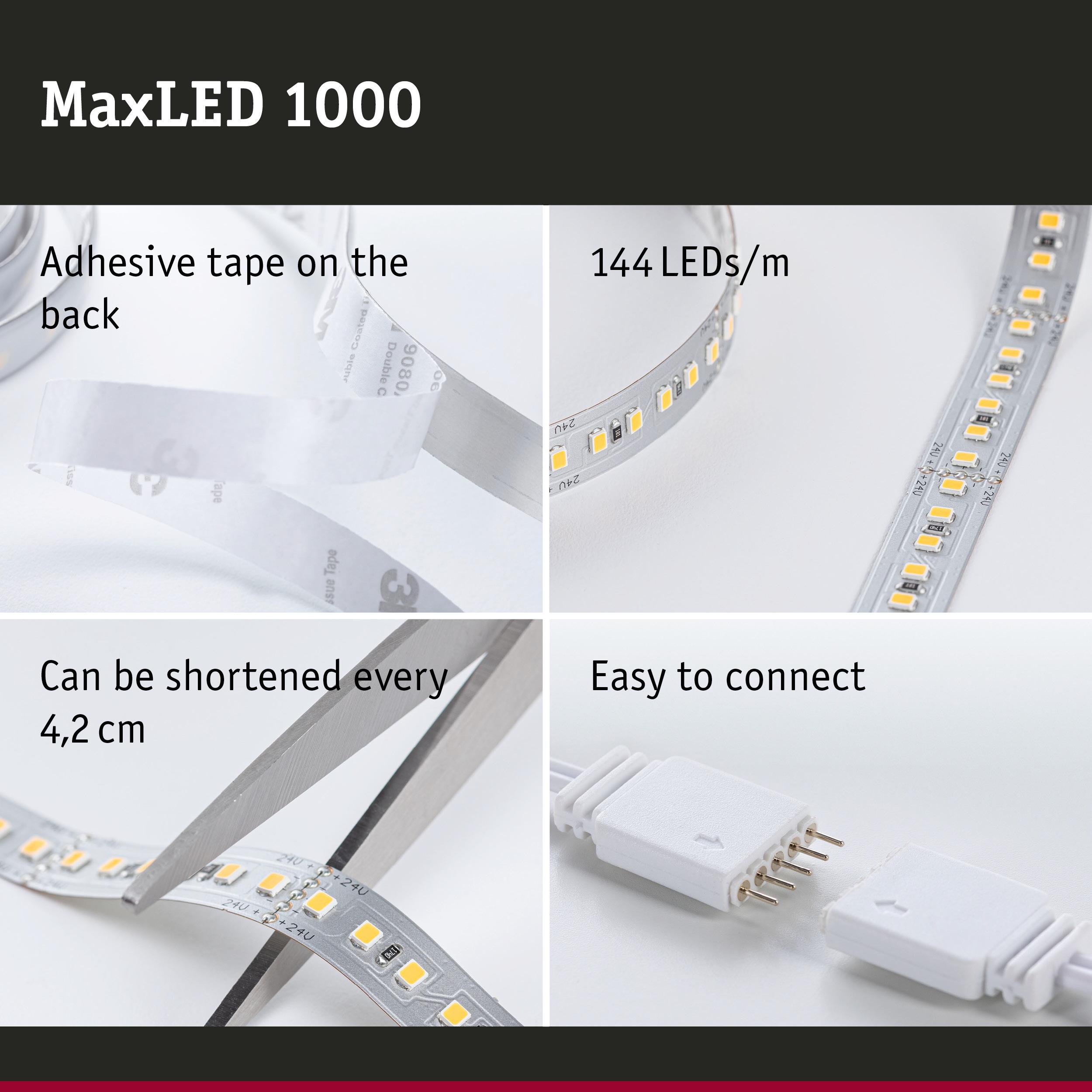 MaxLED 1000 LED strip with 144 LEDs/m, adhesive backing, cuttable every 4.2 cm, easy to connect
