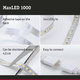 MaxLED 1000 LED strip with 144 LEDs/m, adhesive backing, cuttable every 4.2 cm, easy to connect