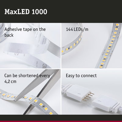 MaxLED 1000 LED strip with 144 LEDs/m, adhesive backing, cuttable every 4.2 cm, easy to connect