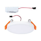 Round white LED recessed panel with orange clips and white driver cable for ceiling lighting