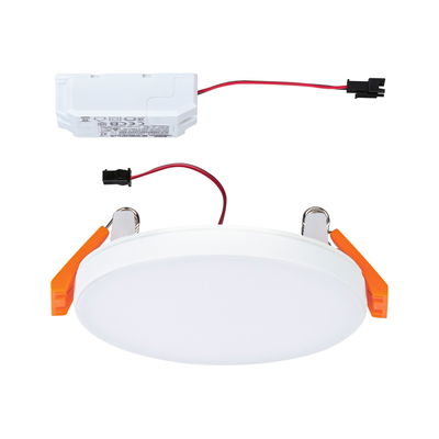 Round white LED recessed panel with orange clips and white driver cable for ceiling lighting